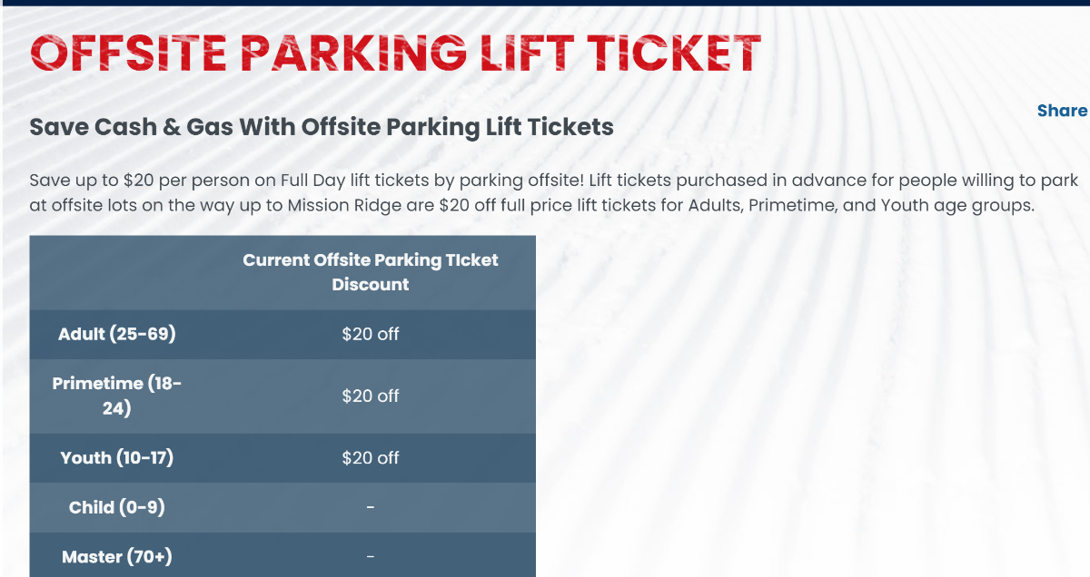 screenshot of mission ridge offsite lift ticket pricing page